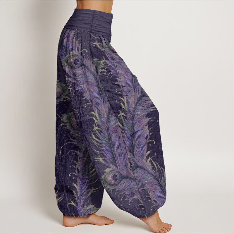 Pantaloni harem da donna con elastico in vita, in puro cotone con motivo fenice brillante, Buddha Stones