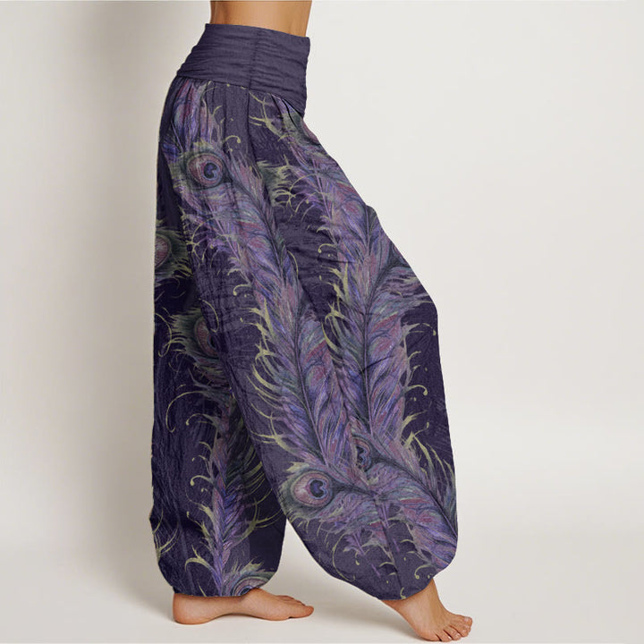 Pantaloni harem da donna con elastico in vita, in puro cotone con motivo fenice brillante, Buddha Stones