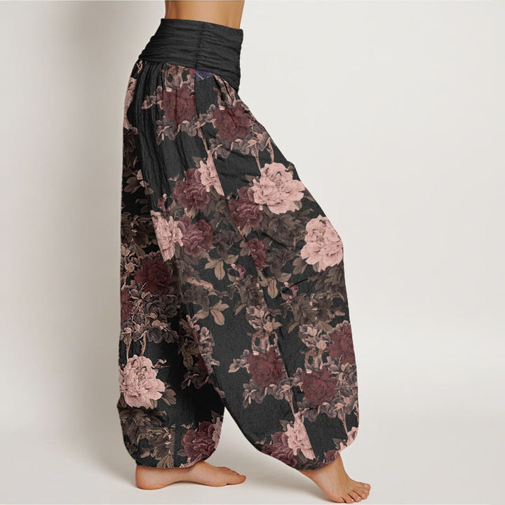 Pantaloni harem da donna in puro cotone con elastico in vita, motivo a foglie e fiori di peonia, stile casual, Buddha Stones
