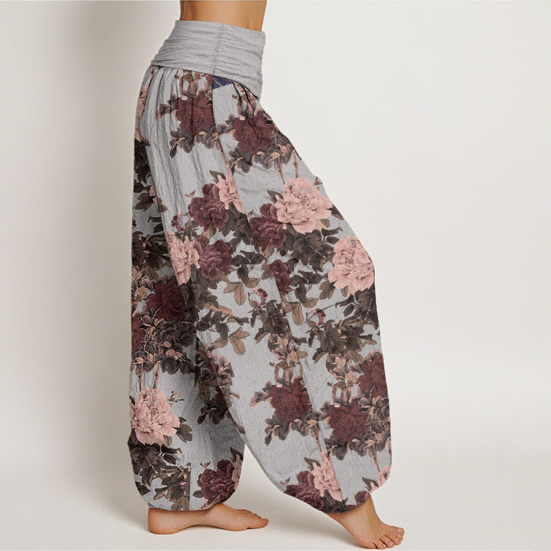 Pantaloni harem da donna in puro cotone con elastico in vita, motivo a foglie e fiori di peonia, stile casual, Buddha Stones