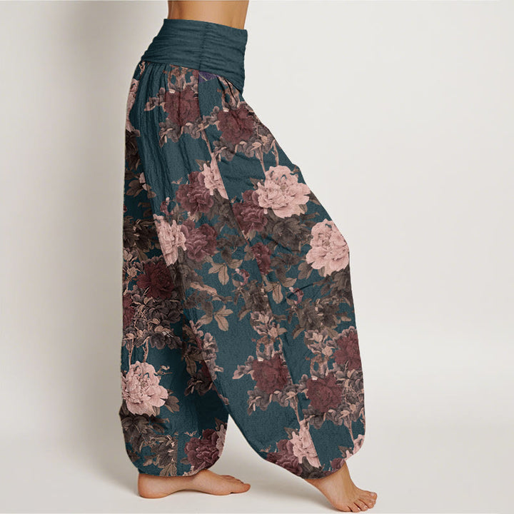Pantaloni harem da donna in puro cotone con elastico in vita, motivo a foglie e fiori di peonia, stile casual, Buddha Stones
