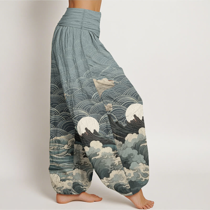 Pantaloni harem da donna con elastico in vita, modello casual in puro cotone con motivo a onde, luna e montagna, motivo Buddha Stones