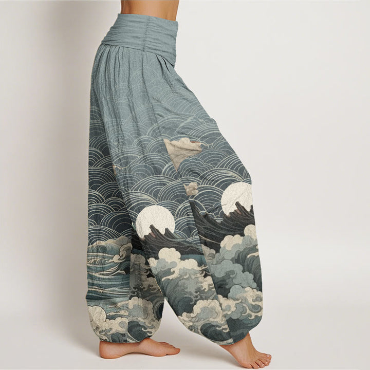 Pantaloni harem da donna con elastico in vita, modello casual in puro cotone con motivo a onde, luna e montagna, motivo Buddha Stones