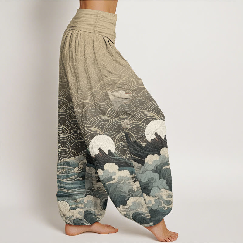 Pantaloni harem da donna con elastico in vita, modello casual in puro cotone con motivo a onde, luna e montagna, motivo Buddha Stones