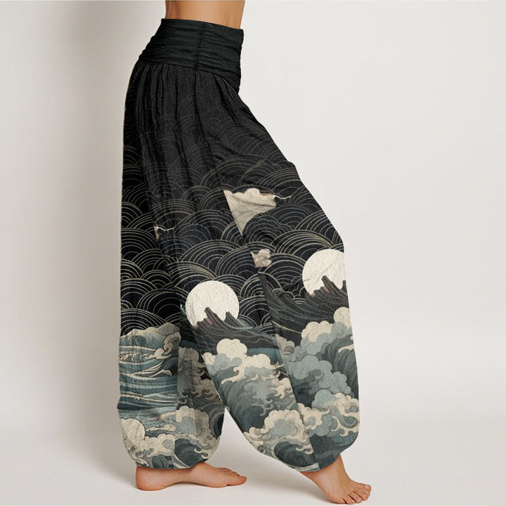 Pantaloni harem da donna con elastico in vita, modello casual in puro cotone con motivo a onde, luna e montagna, motivo Buddha Stones