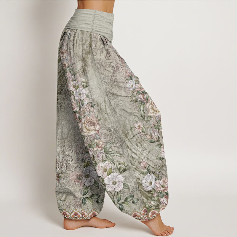 Pantaloni harem da donna con elastico in vita, in puro cotone, con motivo etnico floreale totem, motivo etnico Buddha Stones