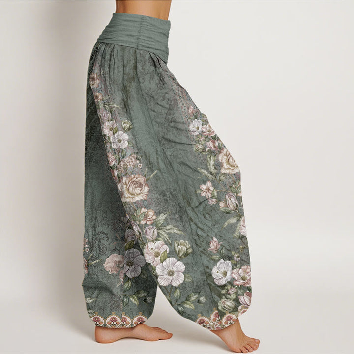 Pantaloni harem da donna con elastico in vita, in puro cotone, con motivo etnico floreale totem, motivo etnico Buddha Stones