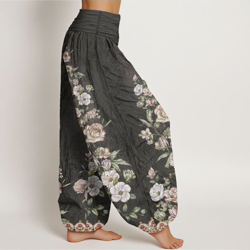 Pantaloni harem da donna con elastico in vita, in puro cotone, con motivo etnico floreale totem, motivo etnico Buddha Stones