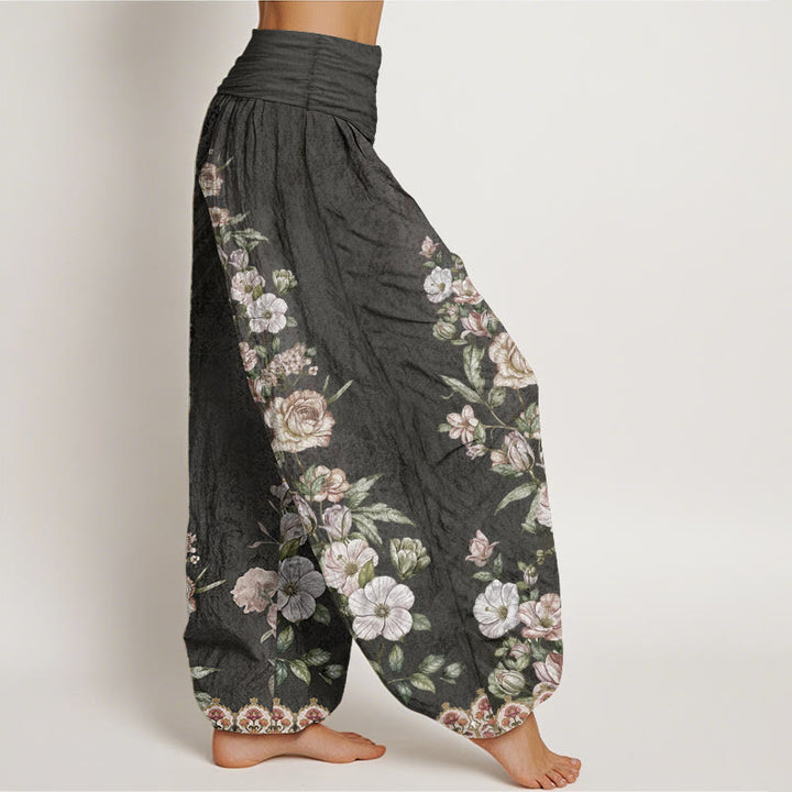 Pantaloni harem da donna con elastico in vita, in puro cotone, con motivo etnico floreale totem, motivo etnico Buddha Stones