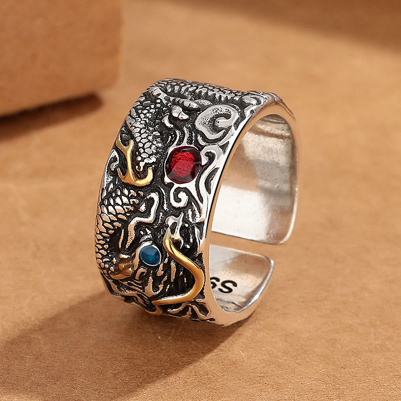 Anello di bilanciamento in argento placcato rame con motivo drago vintage Buddha Stones - Rame - image 1
