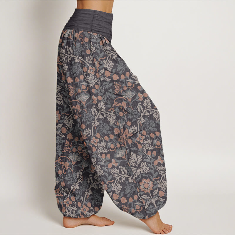 Pantaloni harem da donna con elastico in vita, in puro cotone, con motivo a foglie di vite e fiori, stile casual, motivo Buddha Stones
