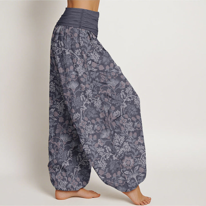 Pantaloni harem da donna con elastico in vita, in puro cotone, con motivo a foglie di vite e fiori, stile casual, motivo Buddha Stones