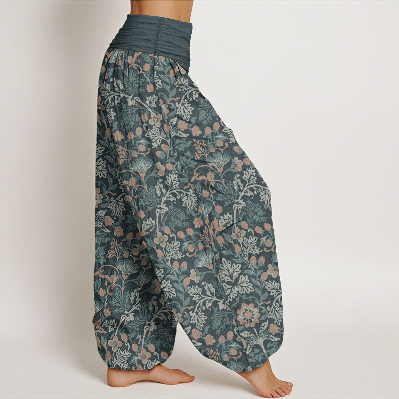Pantaloni harem da donna con elastico in vita, in puro cotone, con motivo a foglie di vite e fiori, stile casual, motivo Buddha Stones