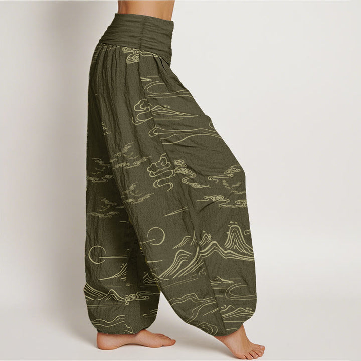 Pantaloni harem da donna con elastico in vita, in puro cotone, con motivo a nuvole di buon auspicio e montagna, Buddha Stones