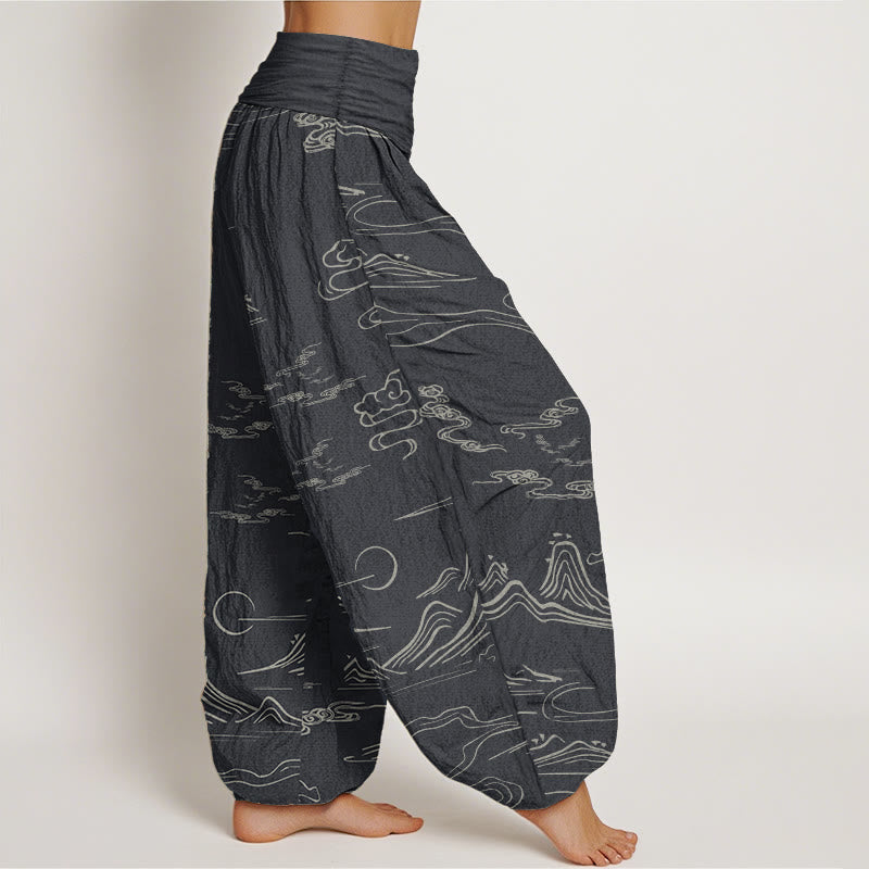Pantaloni harem da donna con elastico in vita, in puro cotone, con motivo a nuvole di buon auspicio e montagna, Buddha Stones