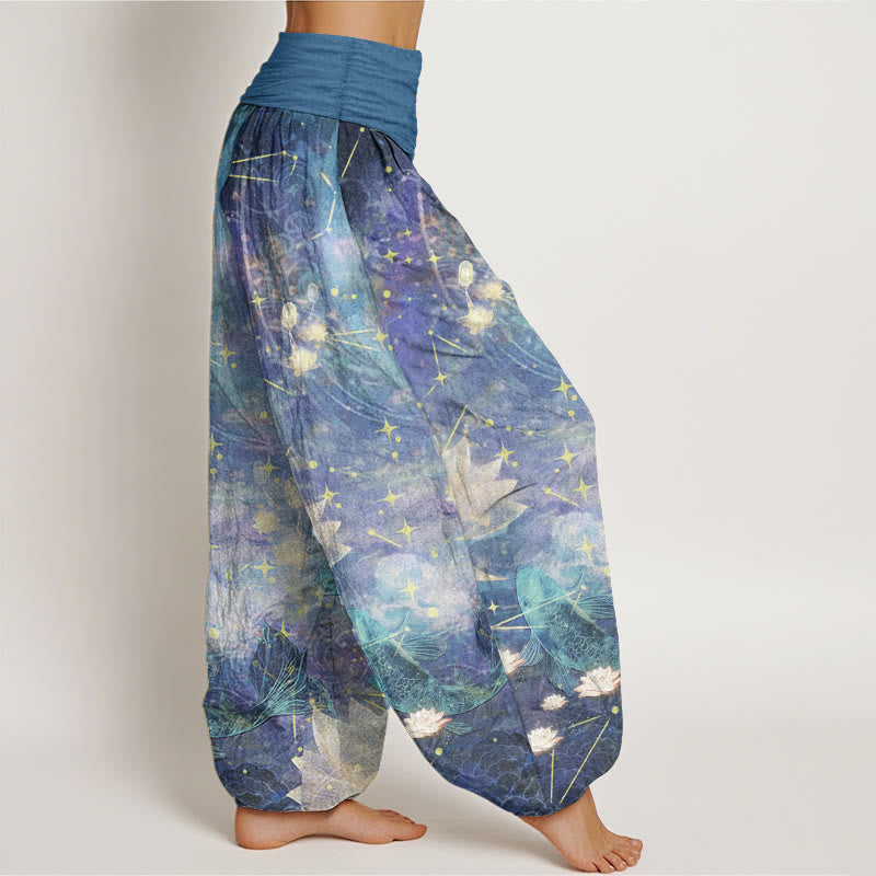 Pantaloni harem da donna con elastico in vita, in puro cotone, con motivo a pesce koi, loto, luna e stelle, Buddha Stones