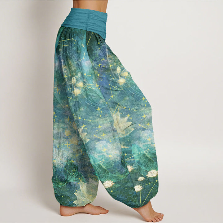 Pantaloni harem da donna con elastico in vita, in puro cotone, con motivo a pesce koi, loto, luna e stelle, Buddha Stones