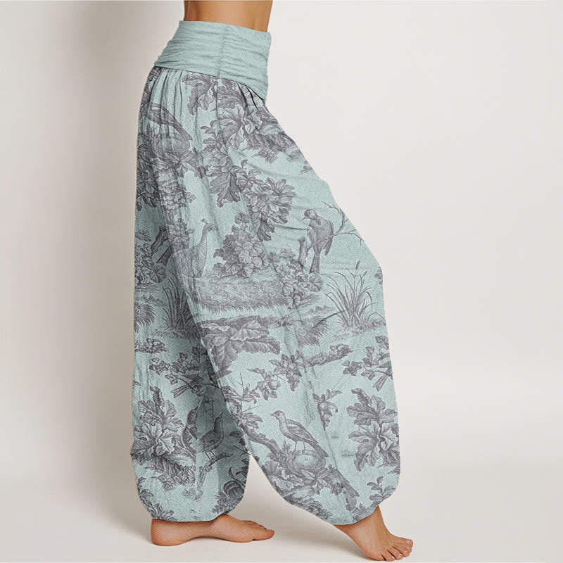 Pantaloni harem da donna in cotone con elastico in vita, motivo Buddha Stones, alberi e rami