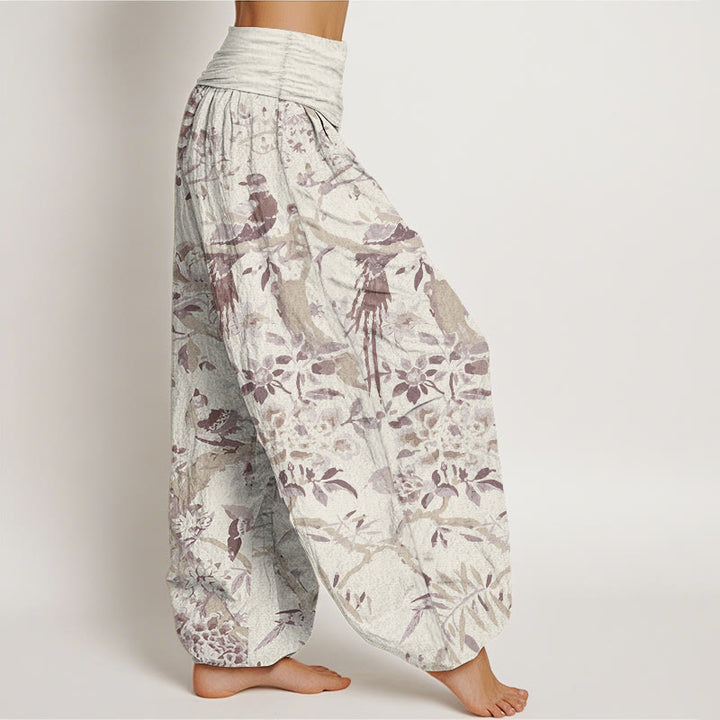 Pantaloni harem da donna in cotone elasticizzato con motivo a Buddha Stones, rami di uccelli e fiori
