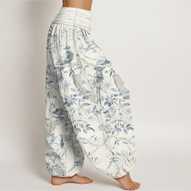 Pantaloni harem da donna in cotone elasticizzato con motivo a Buddha Stones, rami di uccelli e fiori