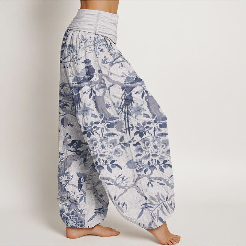 Pantaloni harem da donna in cotone elasticizzato con motivo a Buddha Stones, rami di uccelli e fiori