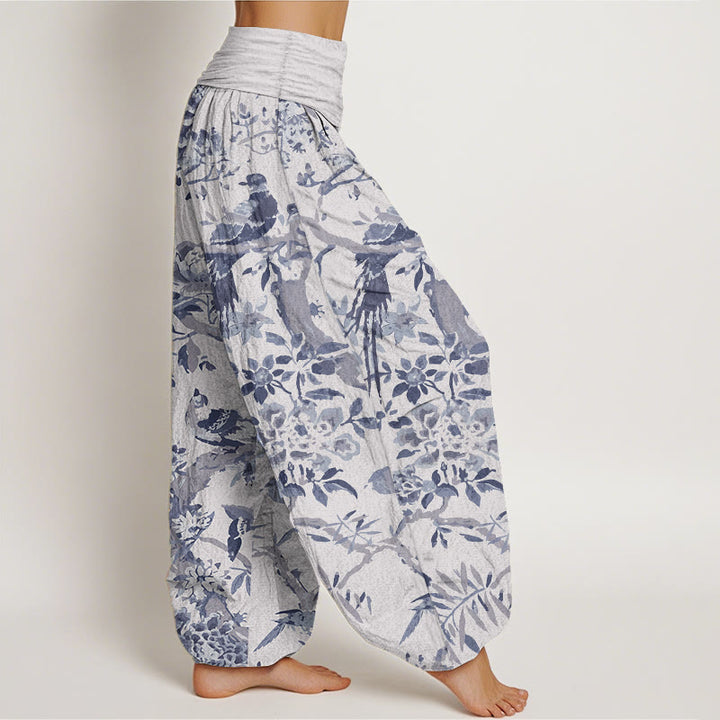 Pantaloni harem da donna in cotone elasticizzato con motivo a Buddha Stones, rami di uccelli e fiori