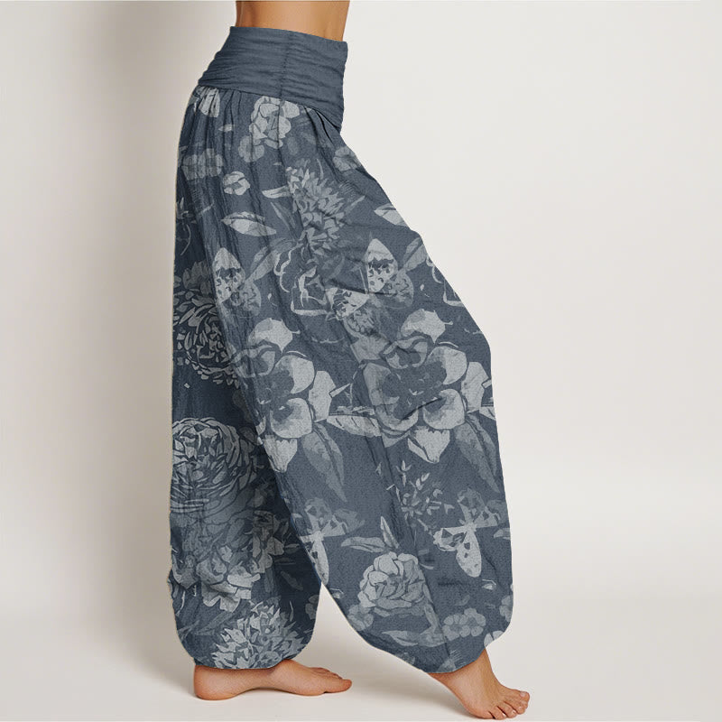 Pantaloni harem da donna in cotone puro con elastico in vita, motivo : Buddha Stones, fiori di peonia e foglie