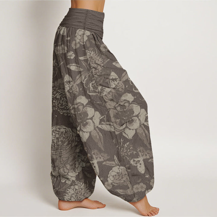 Pantaloni harem da donna in cotone puro con elastico in vita, motivo : Buddha Stones, fiori di peonia e foglie