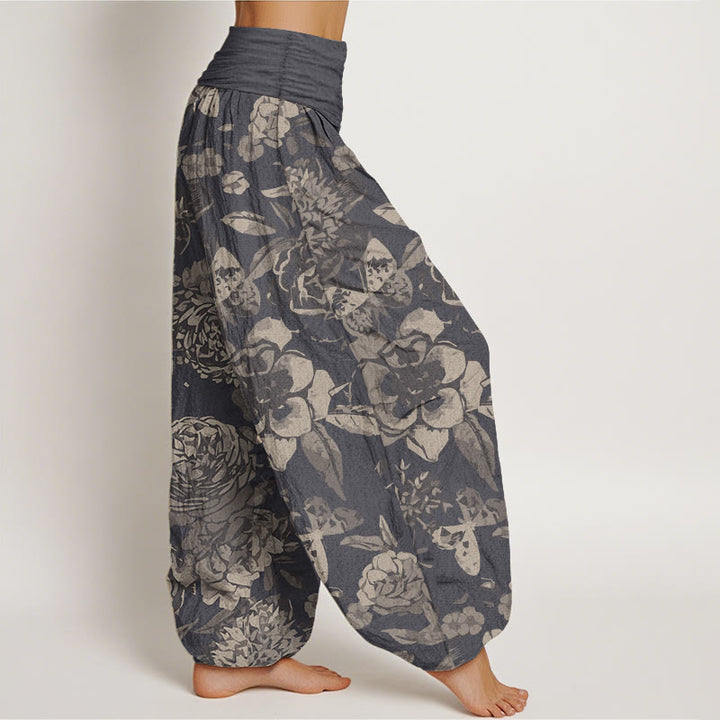 Pantaloni harem da donna in cotone puro con elastico in vita, motivo : Buddha Stones, fiori di peonia e foglie
