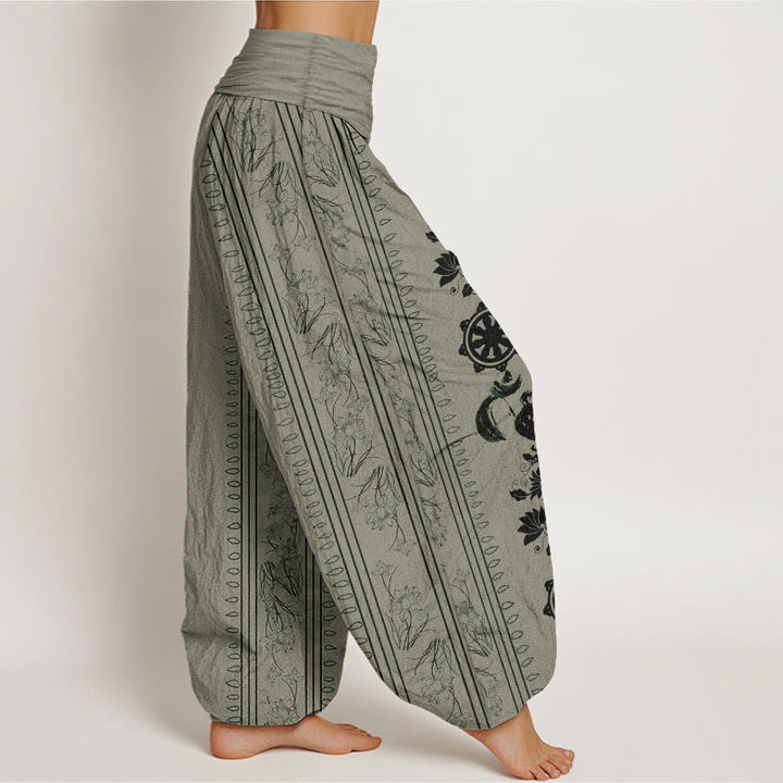 Pantaloni harem da donna con elastico in vita, in puro cotone, con motivo Buddha Stones, ruota del Dharma e motivo OM. - image 6