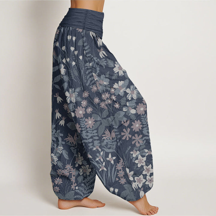 Pantaloni harem da donna con elastico in vita, in puro cotone, casual, con motivo a margherite e foglie, motivo Buddha Stones