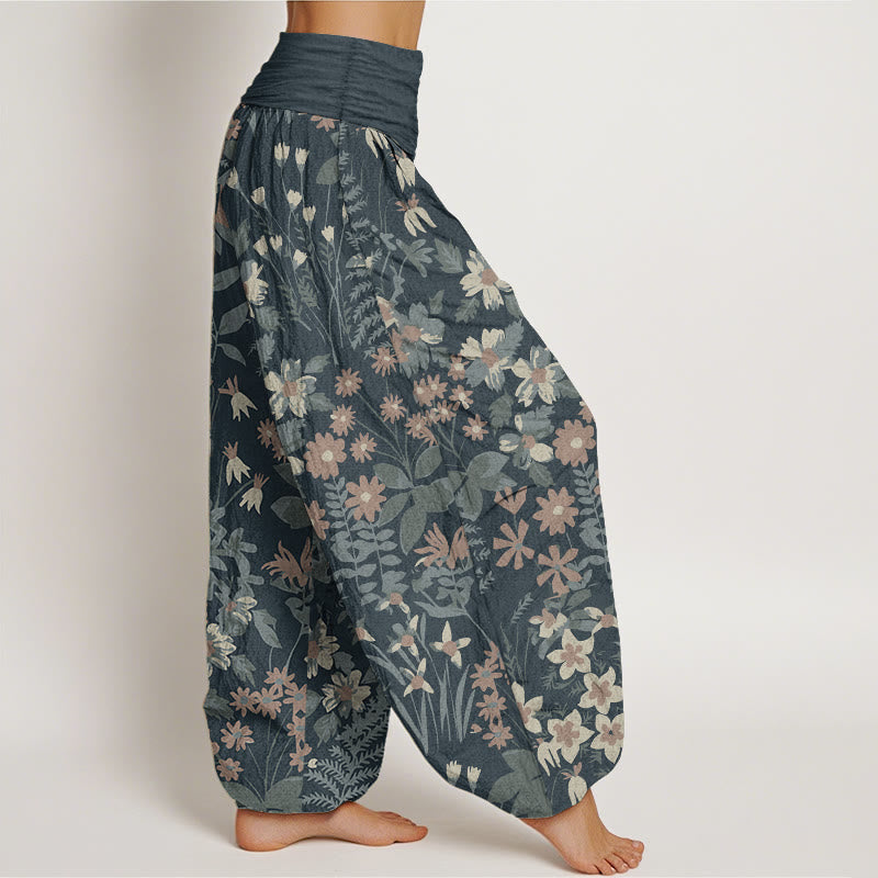 Pantaloni harem da donna con elastico in vita, in puro cotone, casual, con motivo a margherite e foglie, motivo Buddha Stones