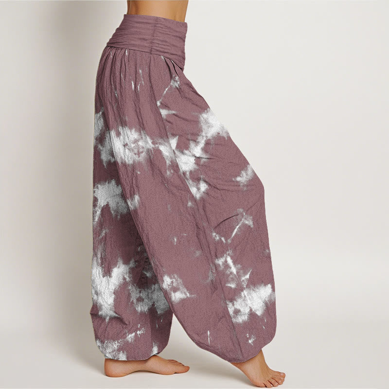 Pantaloni harem da donna con elastico in vita, in puro cotone, con linee bianche e pois, motivo tie-dye, Buddha Stones - image 10
