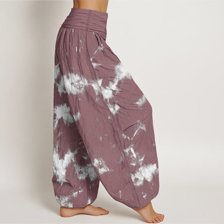 Pantaloni harem da donna con elastico in vita, in puro cotone, con linee bianche e pois, motivo tie-dye, Buddha Stones - image 10