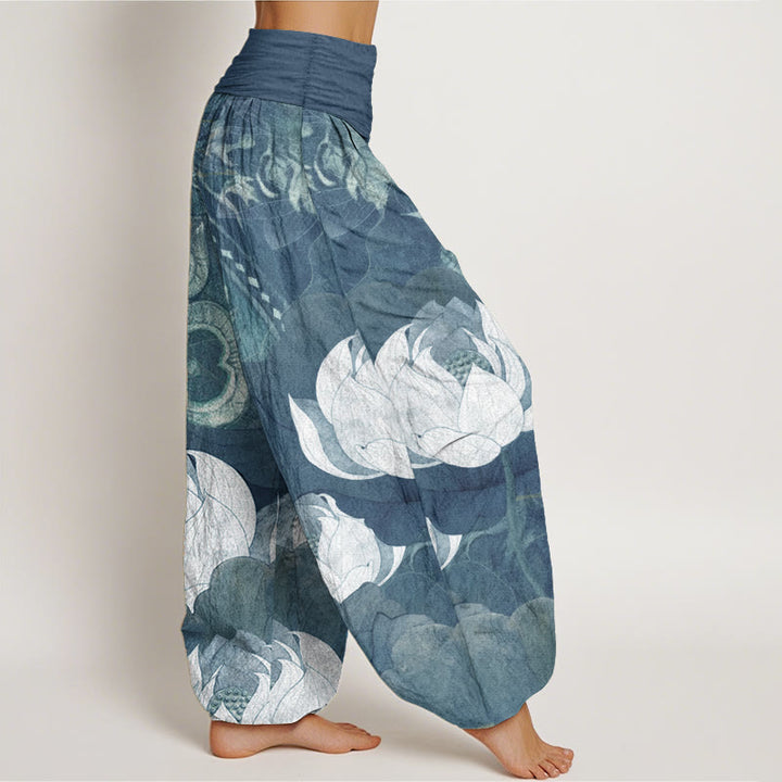 Pantaloni harem casual da donna con elastico in vita, in puro cotone, con motivo a foglie di loto bianco, motivo Buddha Stones