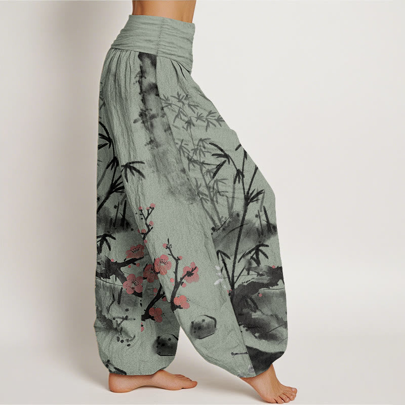 Pantaloni harem da donna con elastico in vita, motivo Buddha Stones , fiori di prugno, bambù, orchidee e crisantemi, in puro cotone