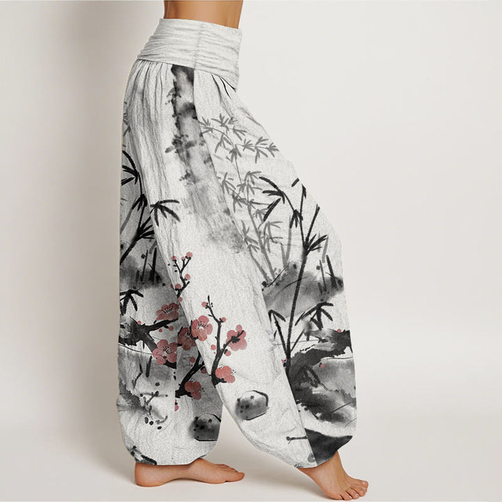 Pantaloni harem da donna con elastico in vita, motivo Buddha Stones , fiori di prugno, bambù, orchidee e crisantemi, in puro cotone