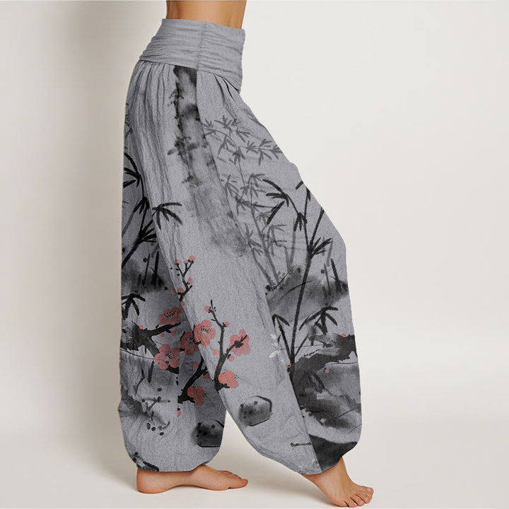 Pantaloni harem da donna con elastico in vita, motivo Buddha Stones , fiori di prugno, bambù, orchidee e crisantemi, in puro cotone