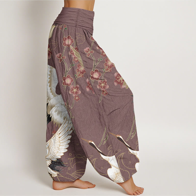 Pantaloni harem da donna in cotone con elastico in vita, motivo Buddha Stones, Gru, Fiori e Nuvole di Buon Auspicio