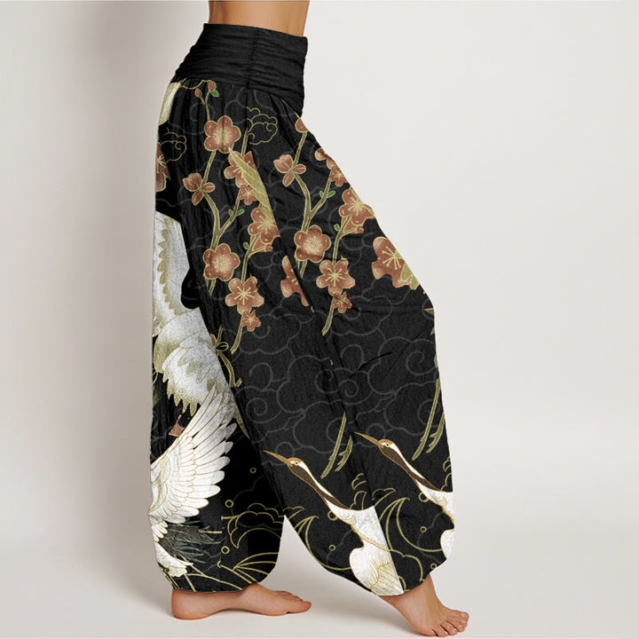 Pantaloni harem da donna in cotone con elastico in vita, motivo Buddha Stones, Gru, Fiori e Nuvole di Buon Auspicio