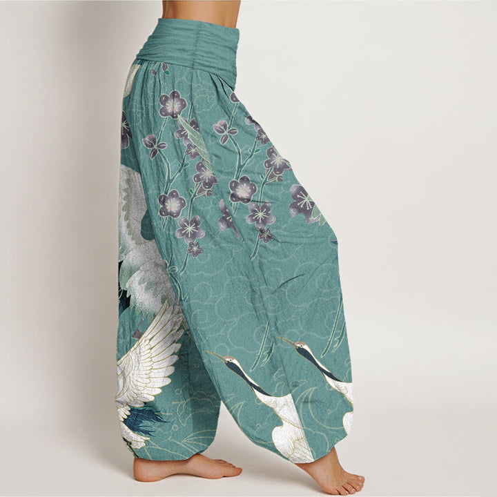 Pantaloni harem da donna in cotone con elastico in vita, motivo Buddha Stones, Gru, Fiori e Nuvole di Buon Auspicio