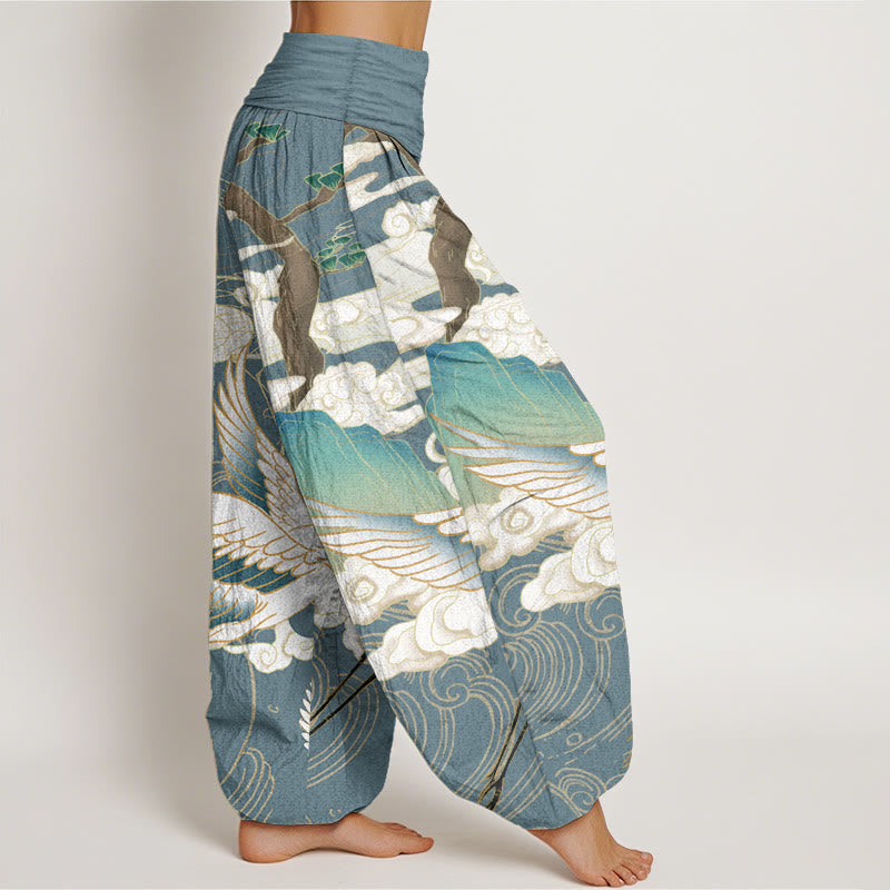 Pantaloni harem da donna in cotone con elastico in vita, motivo : Buddha Stones, gru volanti, nuvole di buon auspicio, albero