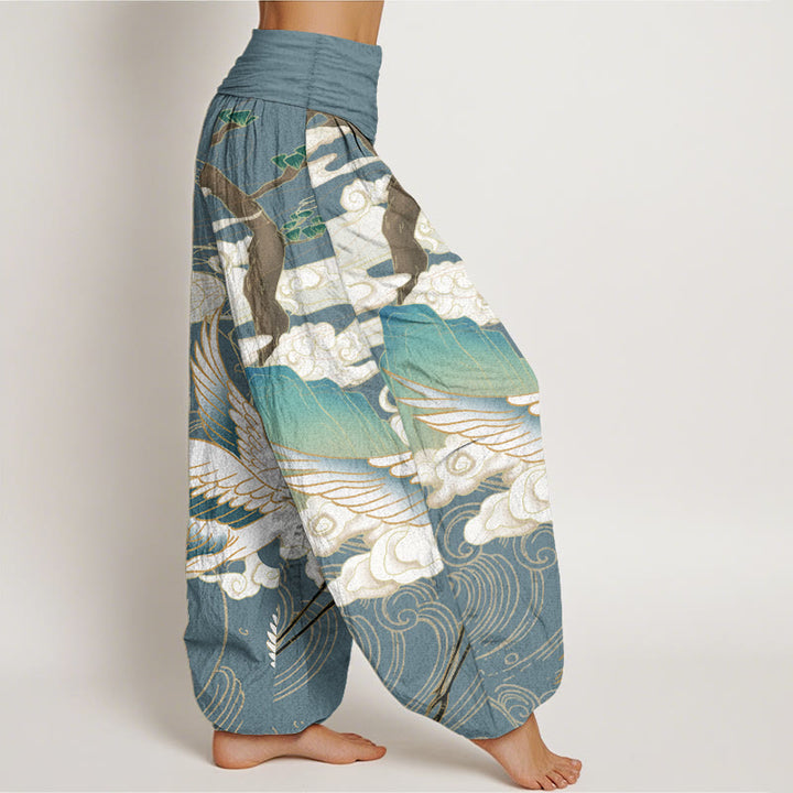 Pantaloni harem da donna in cotone con elastico in vita, motivo : Buddha Stones, gru volanti, nuvole di buon auspicio, albero
