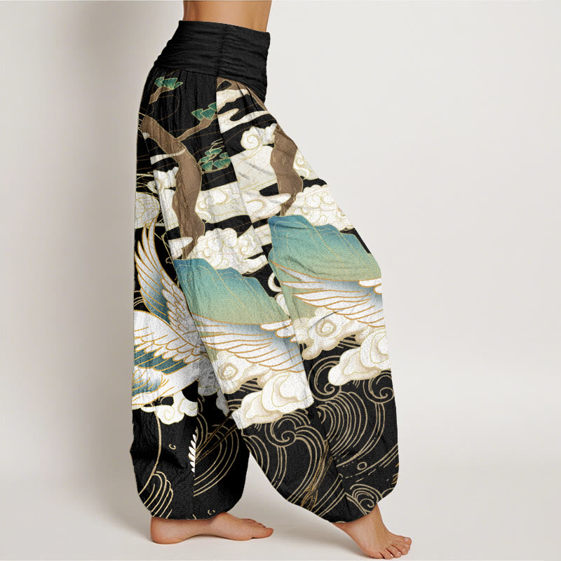 Pantaloni harem da donna in cotone con elastico in vita, motivo : Buddha Stones, gru volanti, nuvole di buon auspicio, albero