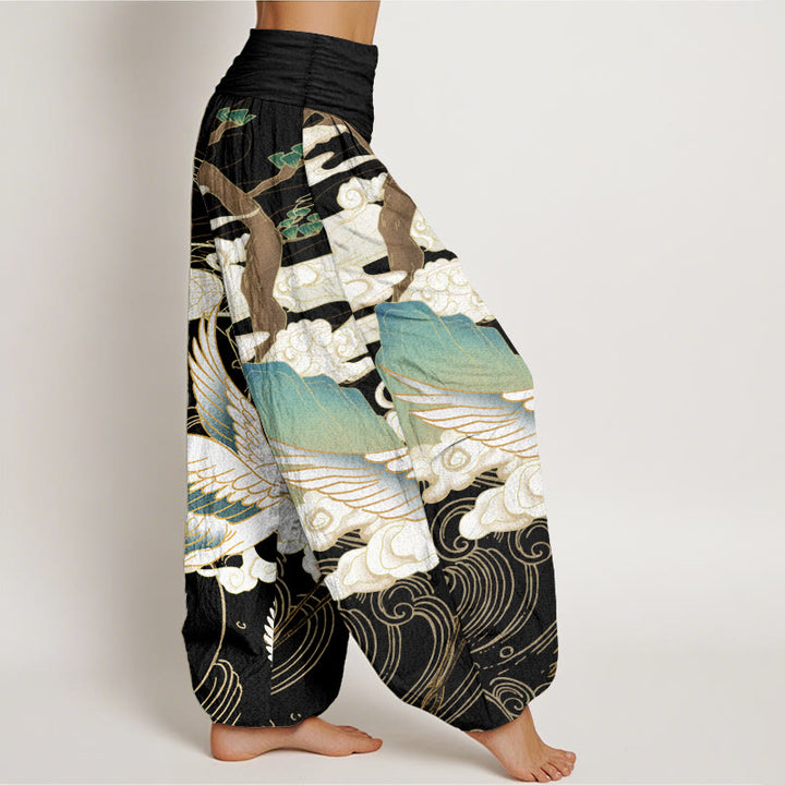 Pantaloni harem da donna in cotone con elastico in vita, motivo : Buddha Stones, gru volanti, nuvole di buon auspicio, albero
