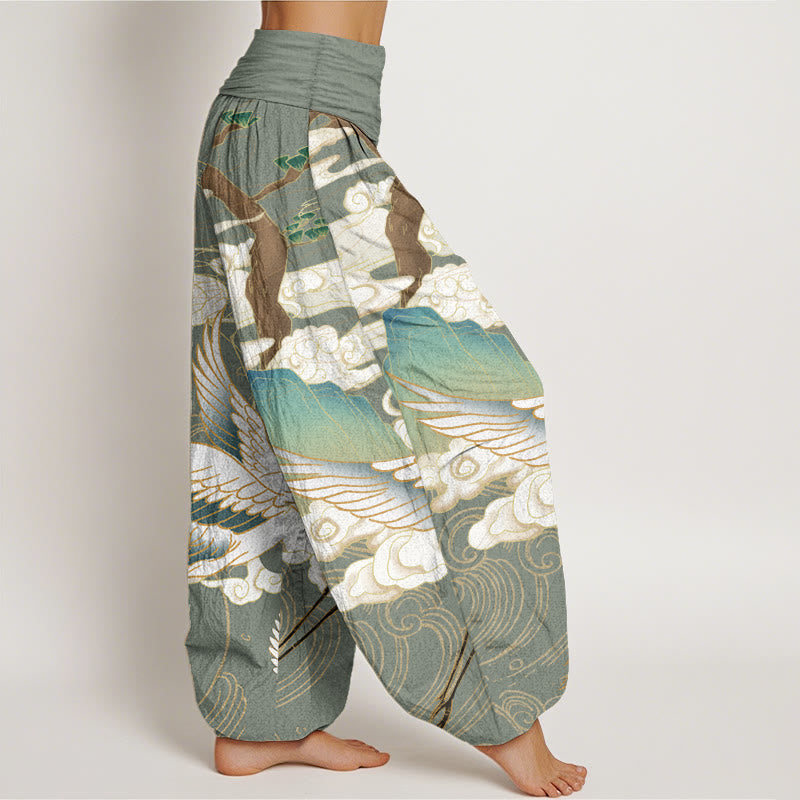 Pantaloni harem da donna in cotone con elastico in vita, motivo : Buddha Stones, gru volanti, nuvole di buon auspicio, albero