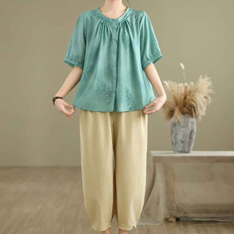 Set di abbigliamento da meditazione casual da donna con camicia a maniche corte e pantaloni harem Buddha Stones 2 pezzi - image 3