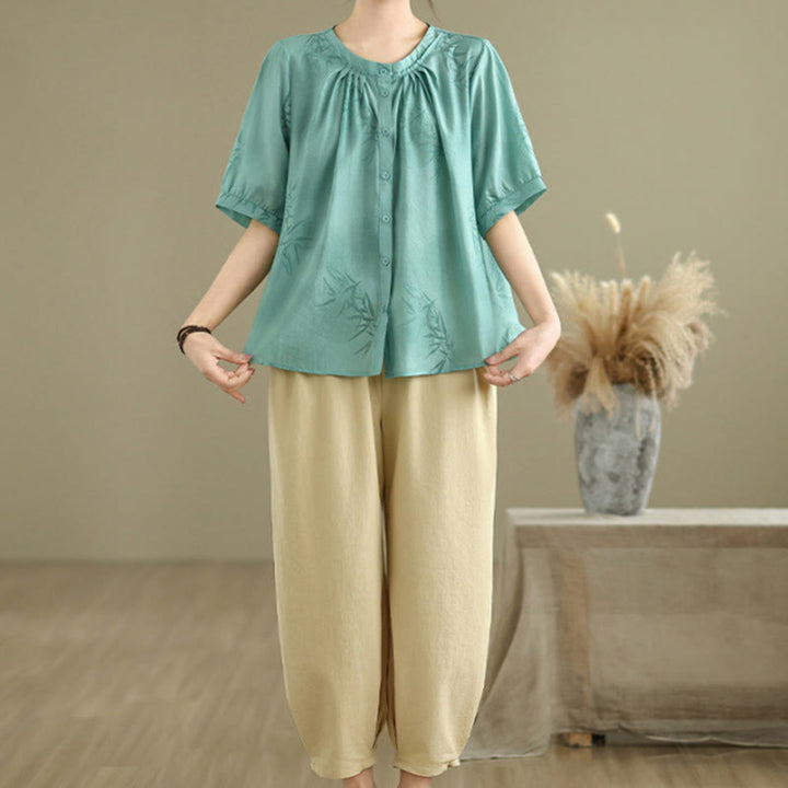 Set di abbigliamento da meditazione casual da donna con camicia a maniche corte e pantaloni harem Buddha Stones 2 pezzi - image 3