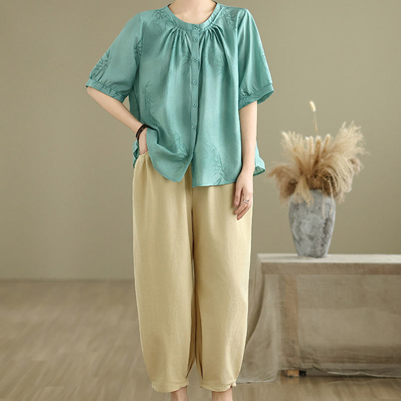 Set di abbigliamento da meditazione casual da donna con camicia a maniche corte e pantaloni harem Buddha Stones 2 pezzi - Turchese medio - US12, UK/AU16, EU44 (2XL) - image 1