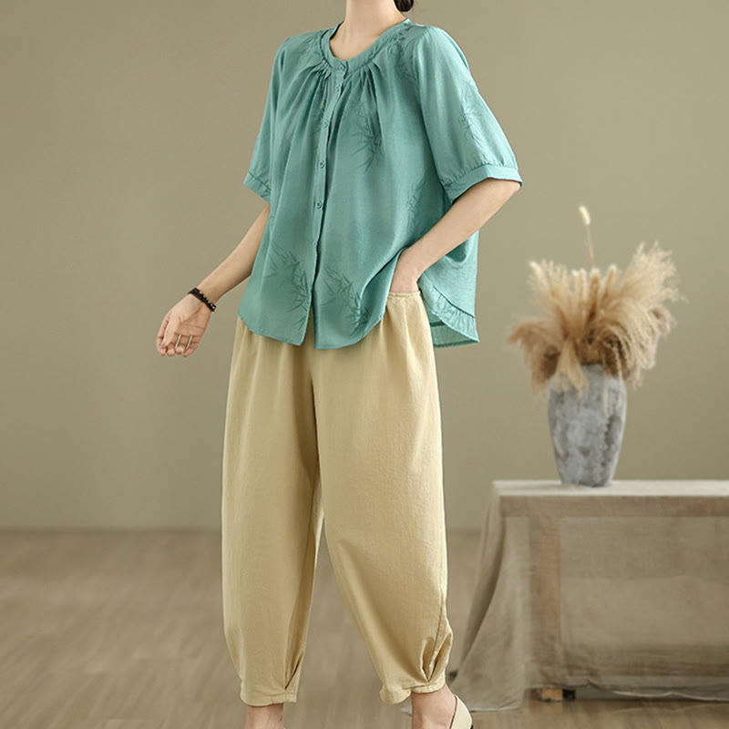 Set di abbigliamento da meditazione casual da donna con camicia a maniche corte e pantaloni harem Buddha Stones 2 pezzi - image 4
